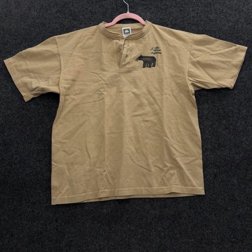 Cotton Deluxe Bear Graphic Henley Men's Large Tan USA Made Vintage Tee